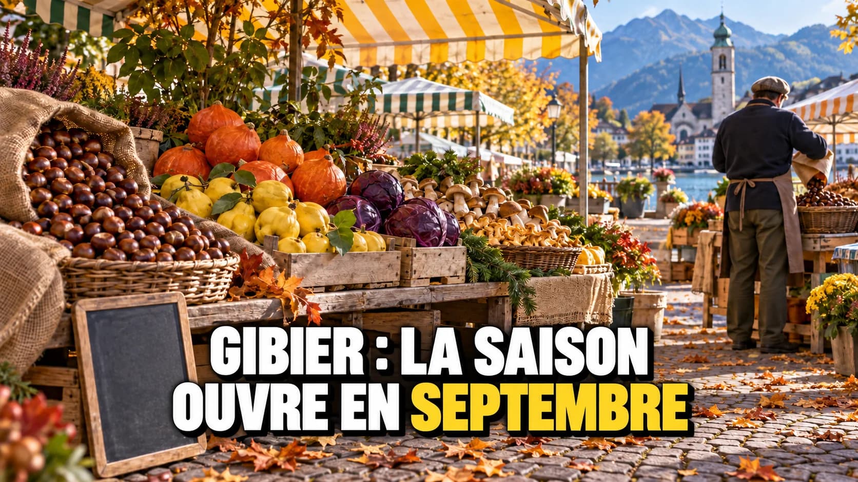 Marché d’automne avec châtaignes, courges, coings et champignons.