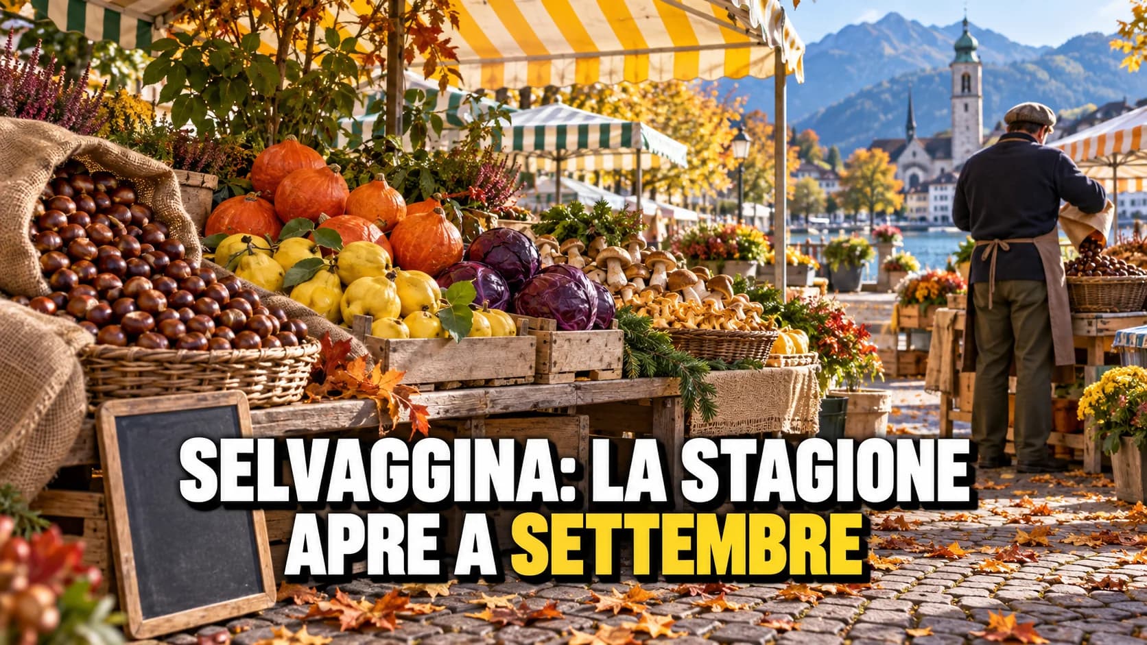 Mercato autunnale con castagne, zucche, cotogne e funghi.
