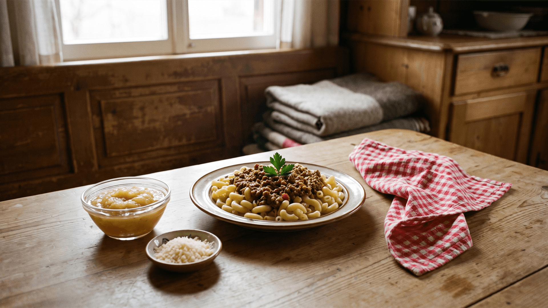 Assiette de Ghackets mit Hörnli, émincé et macaronis suisses, avec fromage râpé et compote de pommes