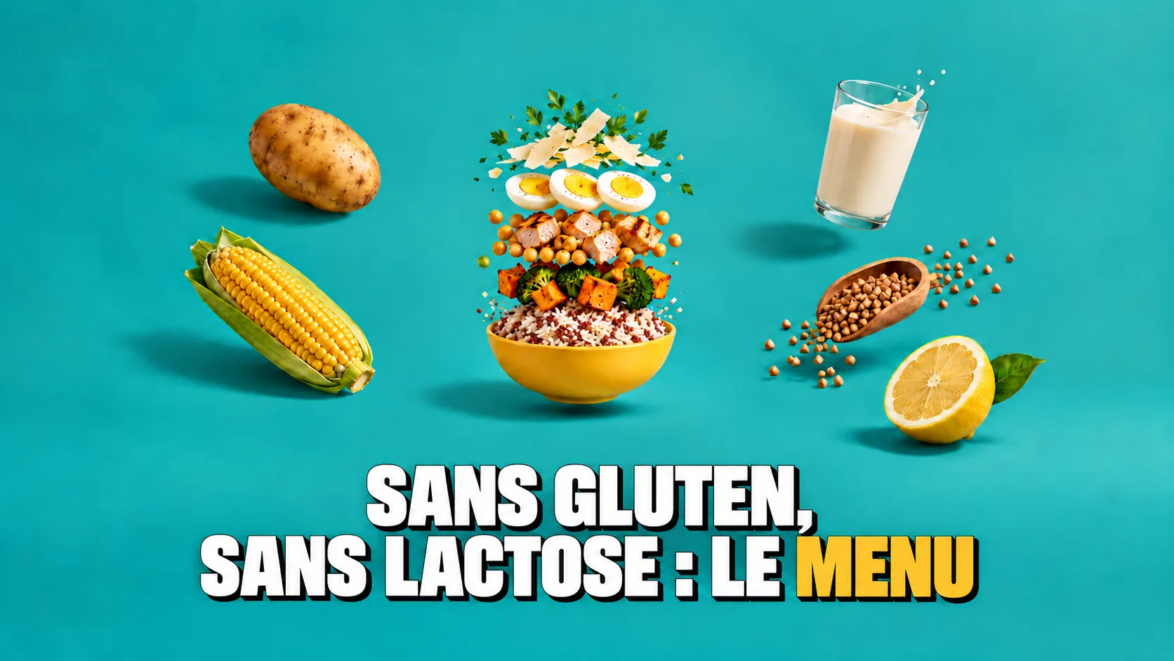 Bol de riz décomposé en couches suspendues avec légumes, pois chiches, poulet, œuf et fromage affiné