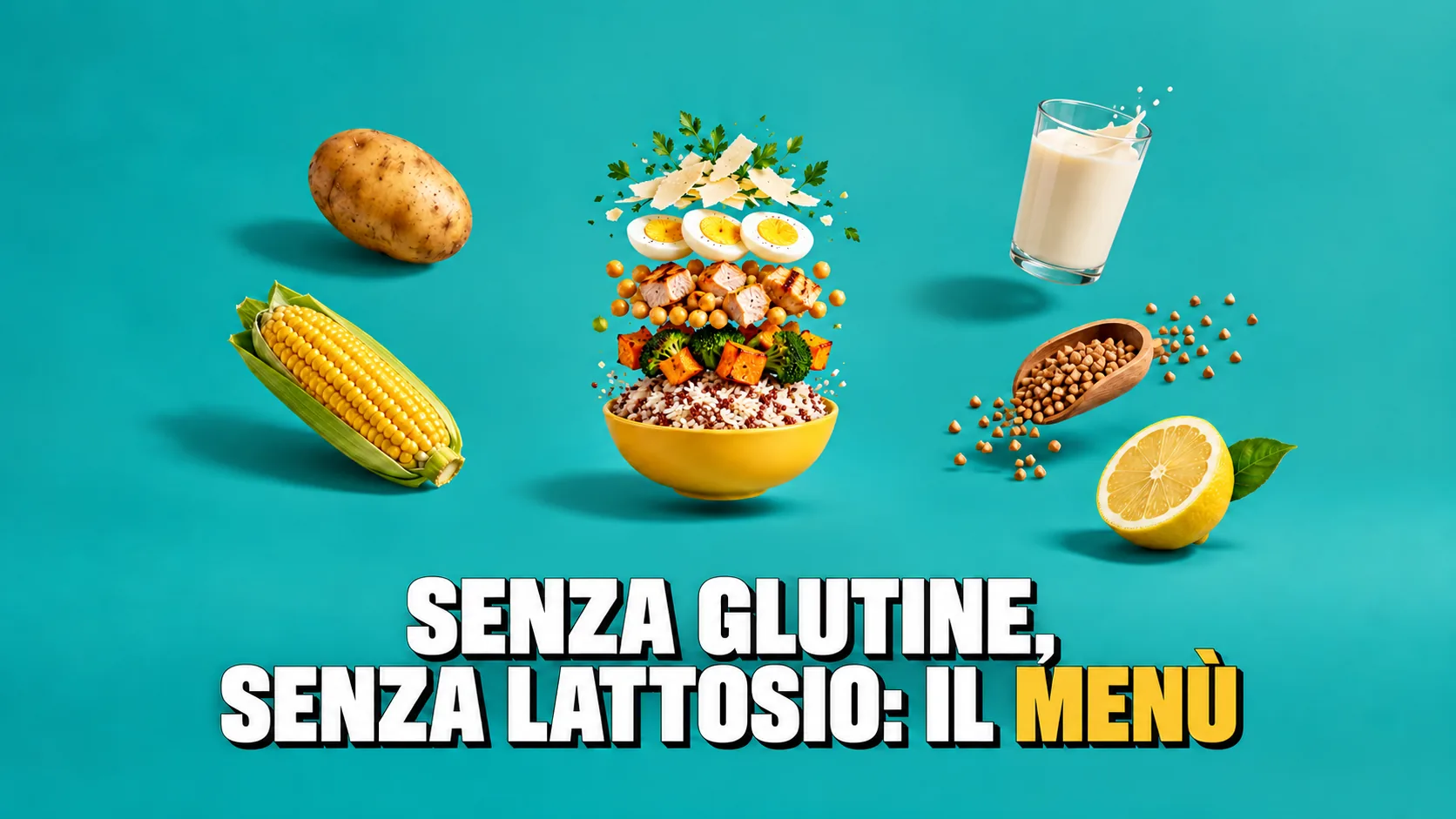 Ciotola di riso scomposta a strati sospesi con verdure, ceci, pollo, uovo e formaggio stagionato