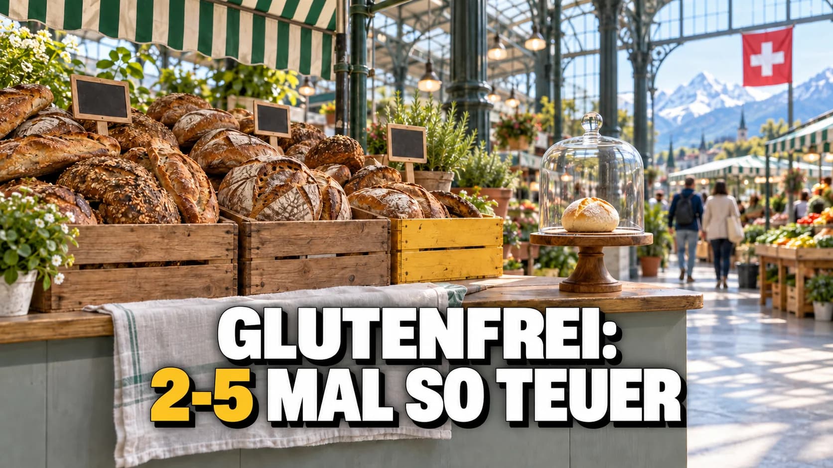 Marktstand mit Kisten voll rustikalem Brot und daneben ein einzelnes helles Brötchen auf einem Sockel unter einer Glasglocke.