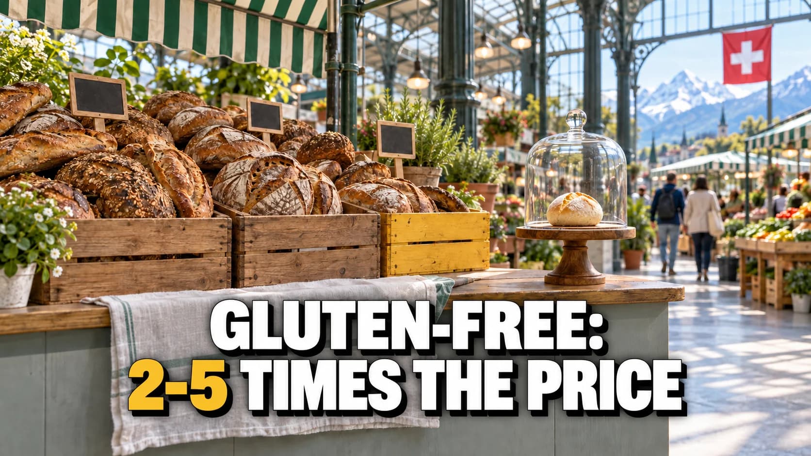 A market stall with crates of rustic bread and, beside it, a single pale roll on a pedestal under a glass cloche.