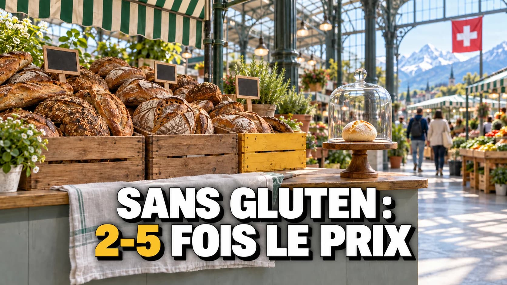 Étal de marché aux caisses de pain rustique et, à côté, un seul petit pain clair sur un socle sous une cloche en verre.
