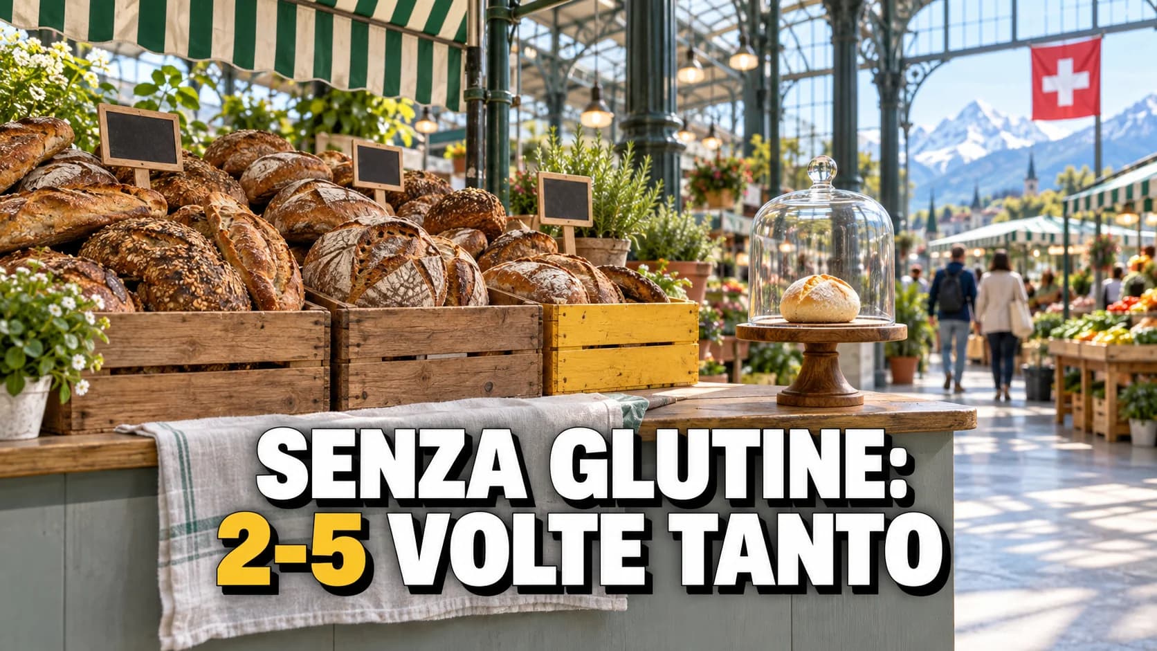 Banco di mercato con casse di pane rustico e, accanto, un solo panino chiaro su un piedistallo sotto una campana di vetro.