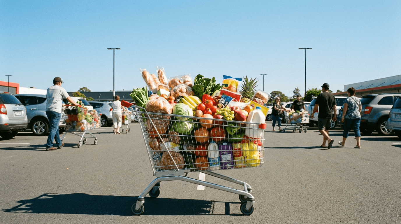 Chariot plein sur un parking de supermarché lumineux sous un ciel bleu