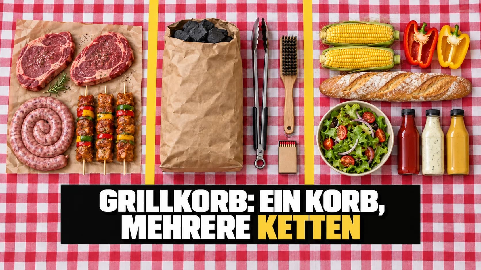 Fleisch, Holzkohle und Beilagen auf karierter Tischdecke, durch gelbe Bänder getrennt.