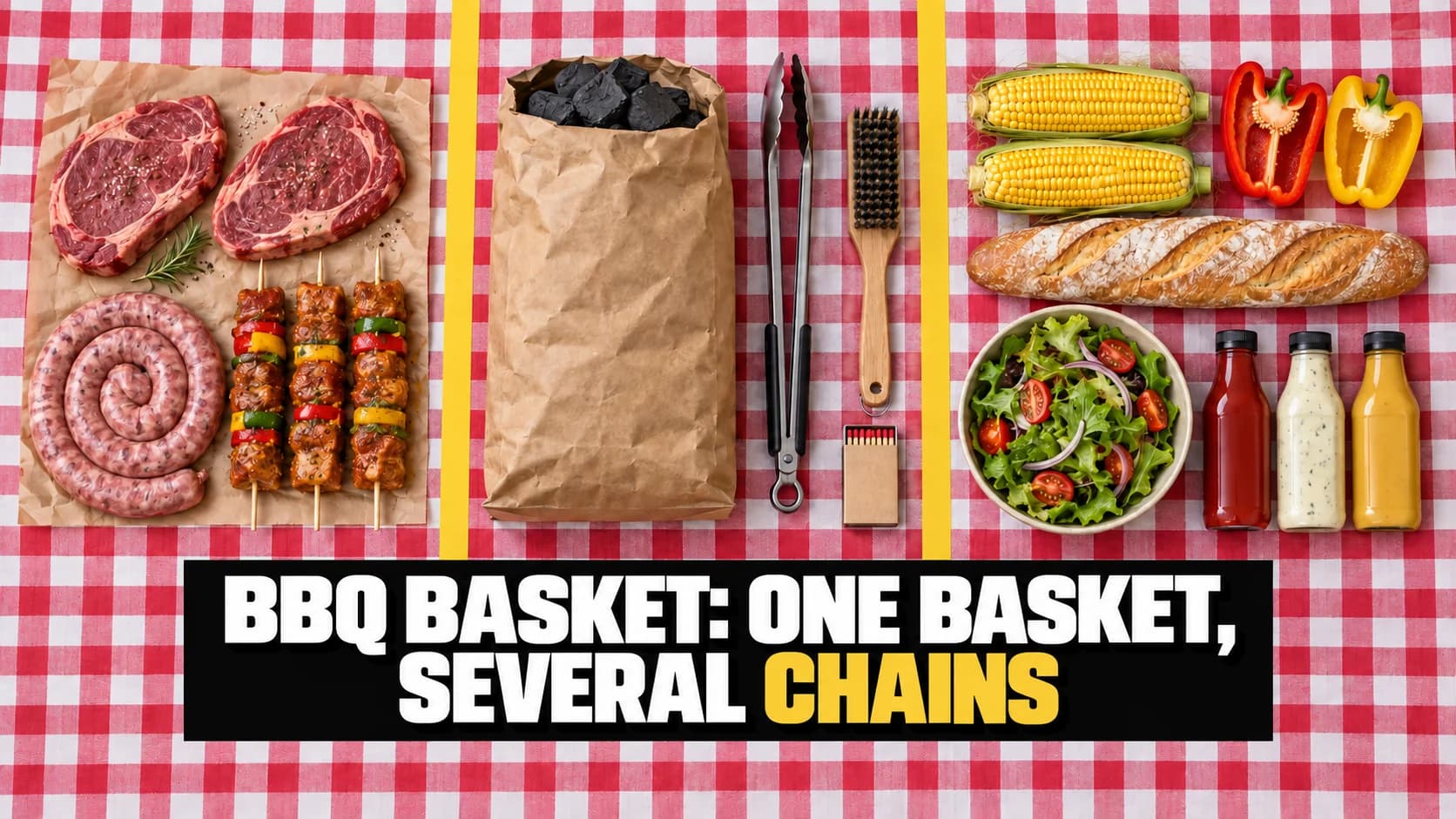 Meat, charcoal and side dishes on a checked cloth, separated by yellow ribbons.
