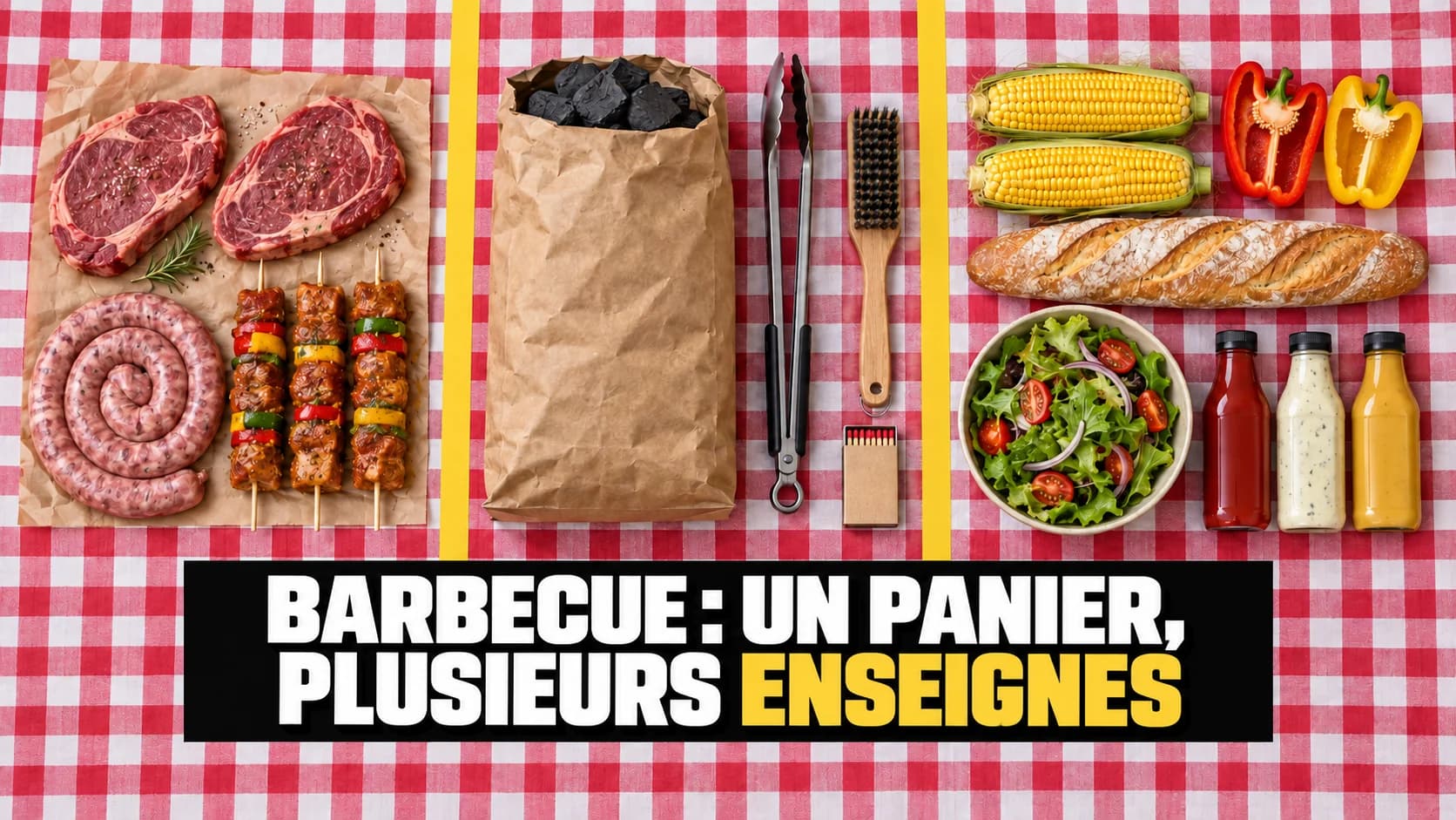 Viande, charbon et accompagnements sur nappe à carreaux, séparés par des rubans jaunes.