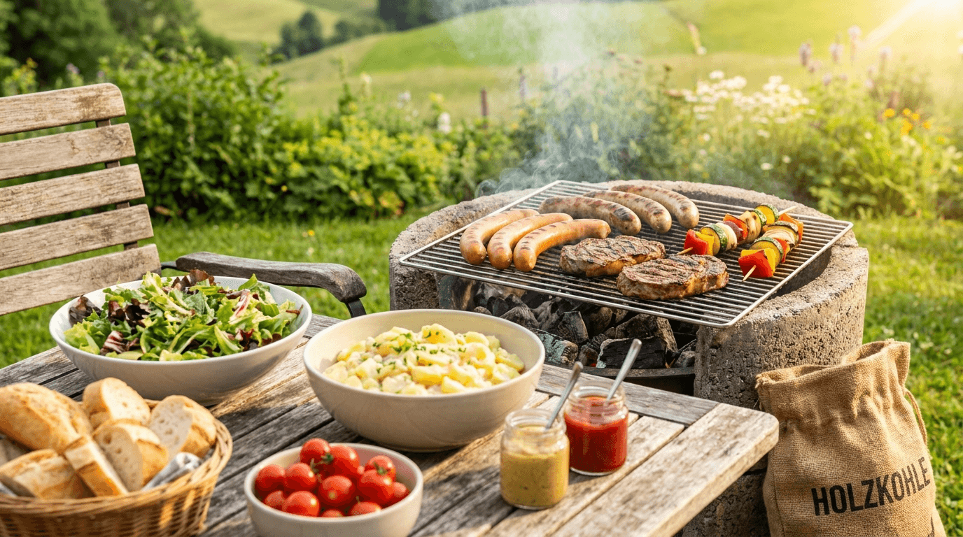 Barbecue pas cher en Suisse : saucisses, steaks et légumes sur un gril à charbon avec salades fraîches et pain sur une table de jardin