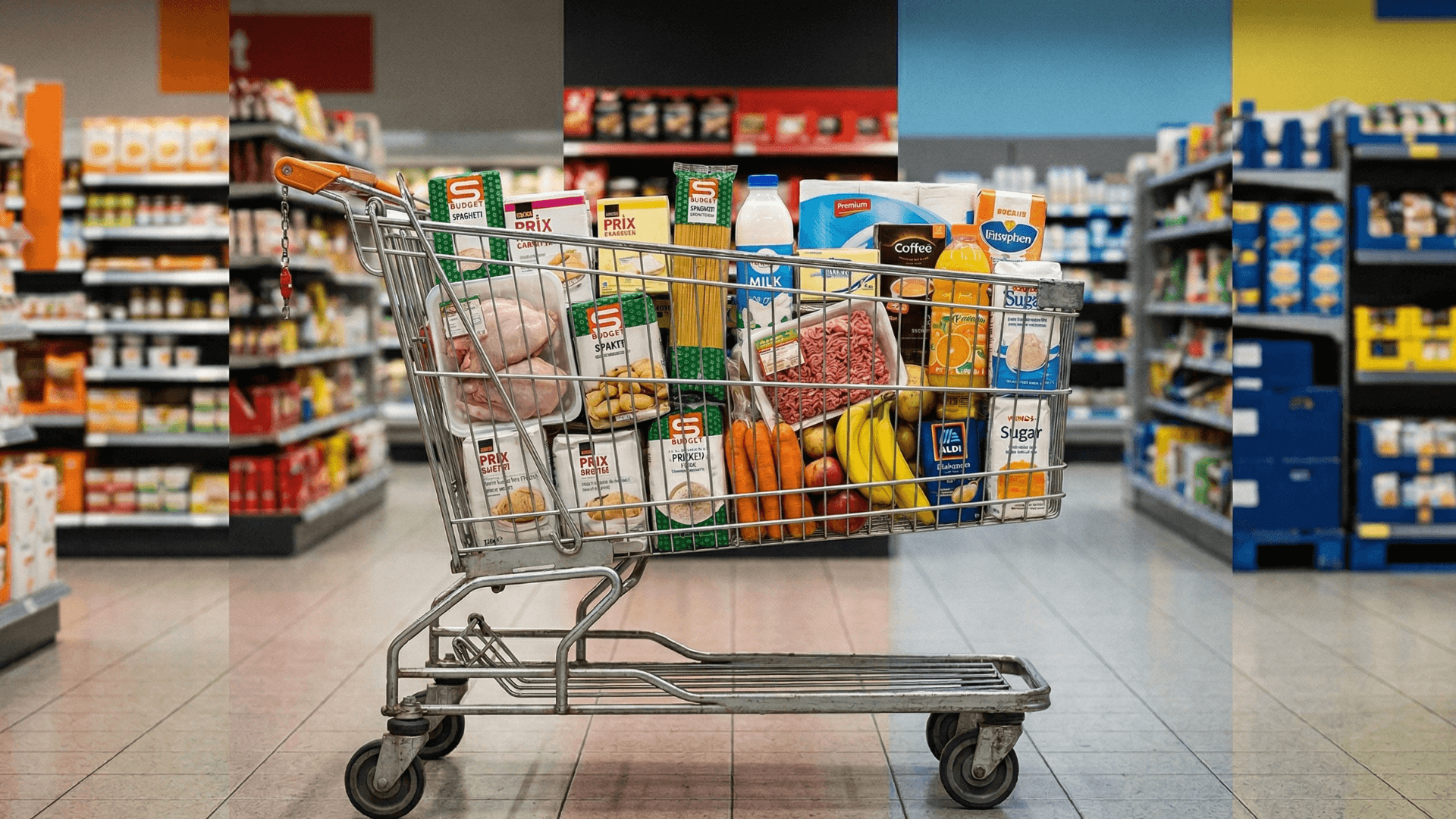 A family's weekly grocery shop unpacked on a kitchen table in a Swiss flat