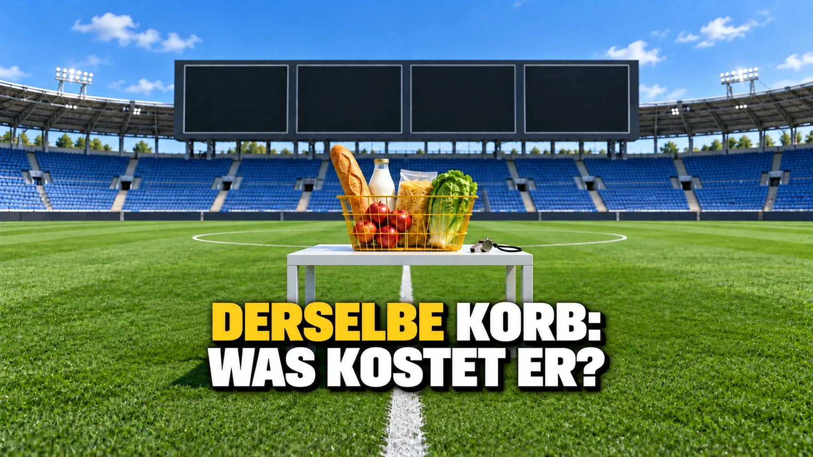 Stadion mit einer Anzeigetafel aus vier leeren Feldern, auf dem Rasen ein gelber Einkaufskorb auf einem Tisch neben einer Schiedsrichterpfeife