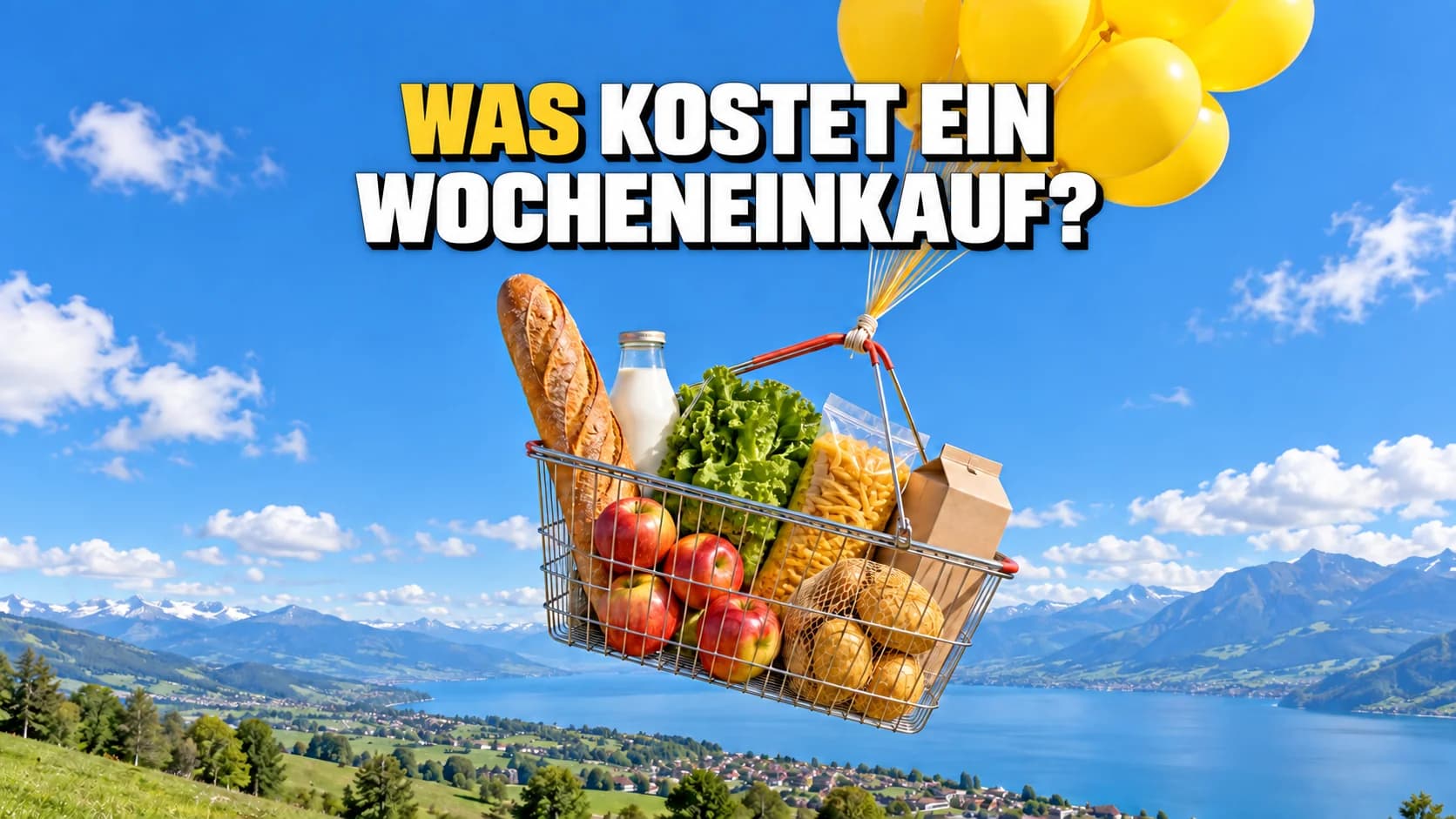 Gefüllter Einkaufskorb schwebt an gelben Ballons im blauen Himmel.