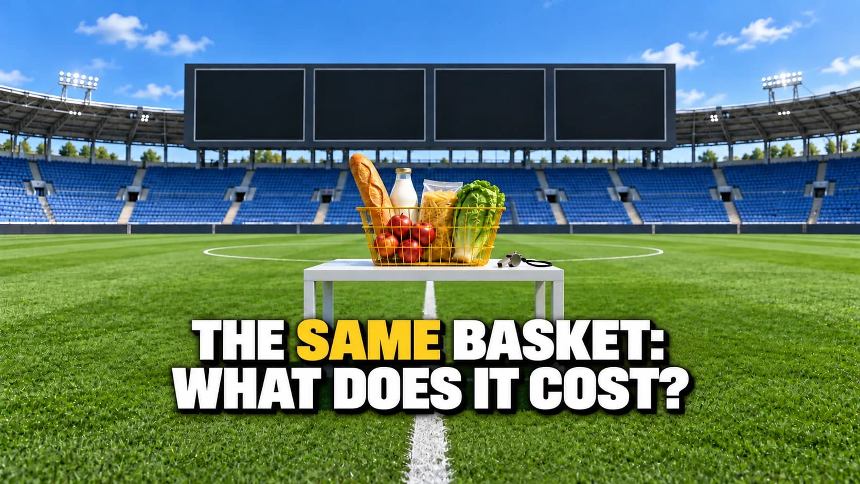 Stadium with a scoreboard of four blank panels and, on the pitch, a yellow shopping basket on a table next to a referee’s whistle