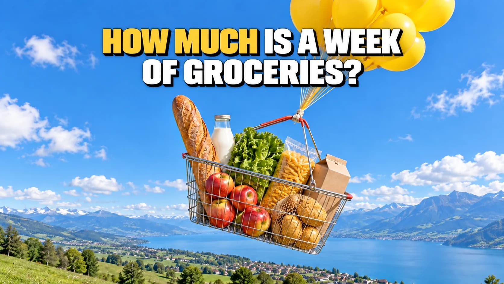 Full grocery basket floating in a blue sky beneath yellow balloons.