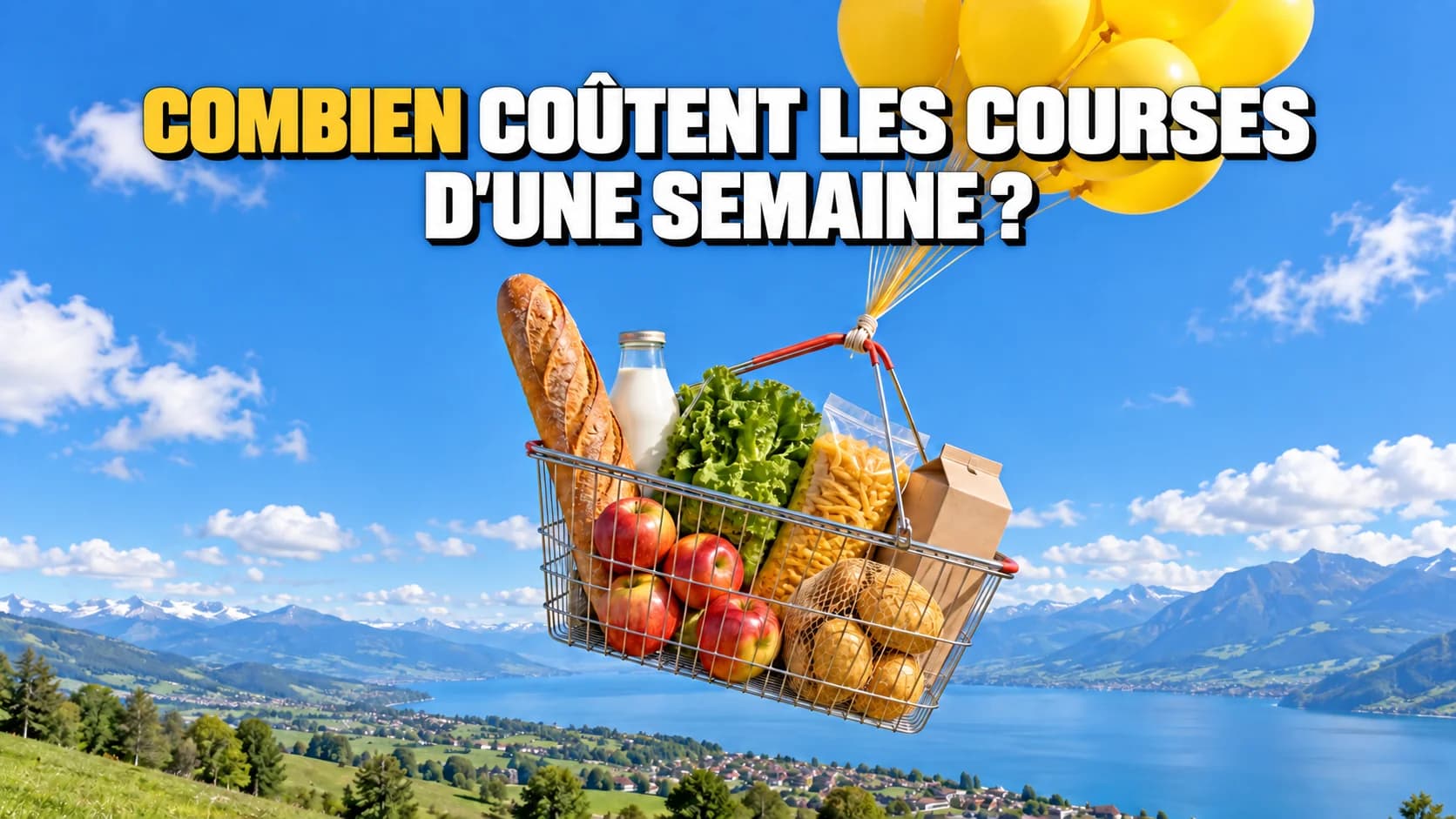 Panier de courses rempli flottant dans le ciel bleu, porté par des ballons jaunes.