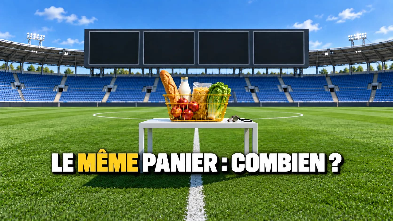 Stade avec un tableau d’affichage à quatre panneaux vides et, sur la pelouse, un panier de courses jaune posé sur une table près d’un sifflet d’arbitre