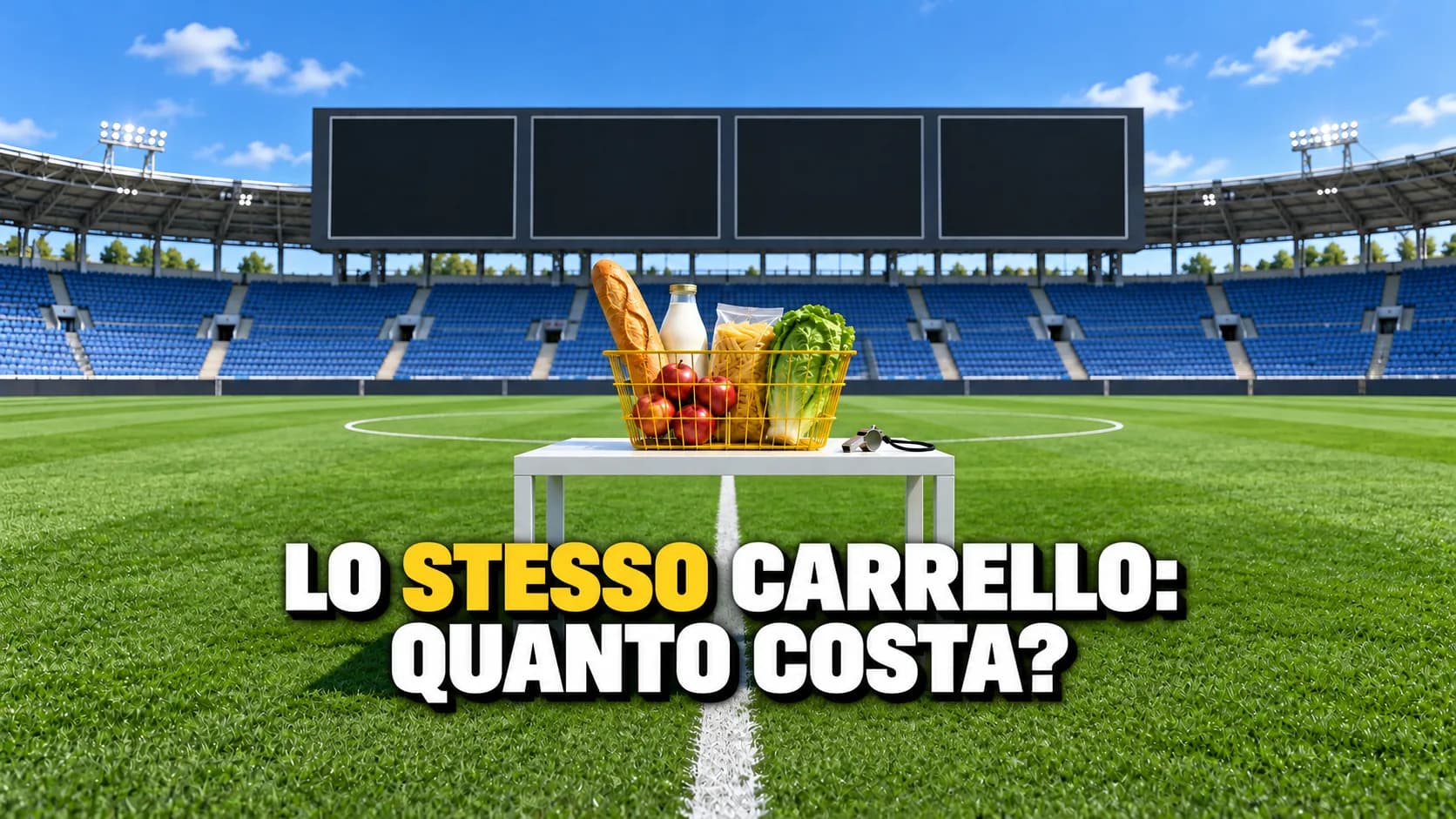 Stadio con un tabellone a quattro pannelli vuoti e, sul prato, un cestino della spesa giallo su un tavolo accanto a un fischietto da arbitro