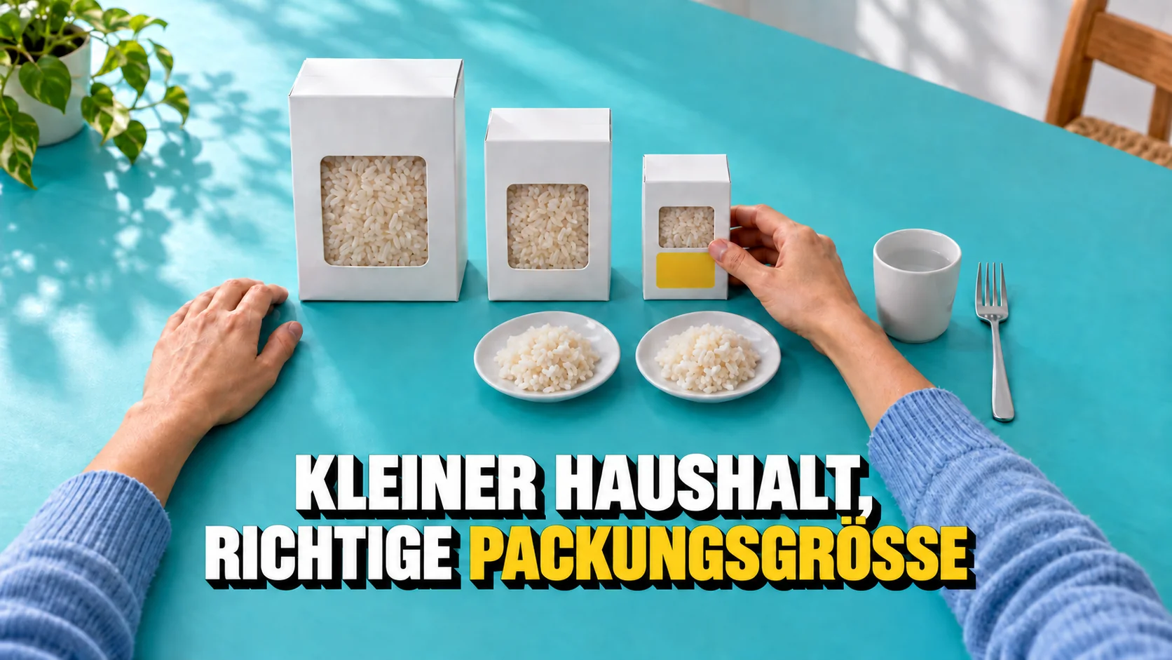 Hände wählen die kleinste von drei Reispackungen neben zwei Portionen.