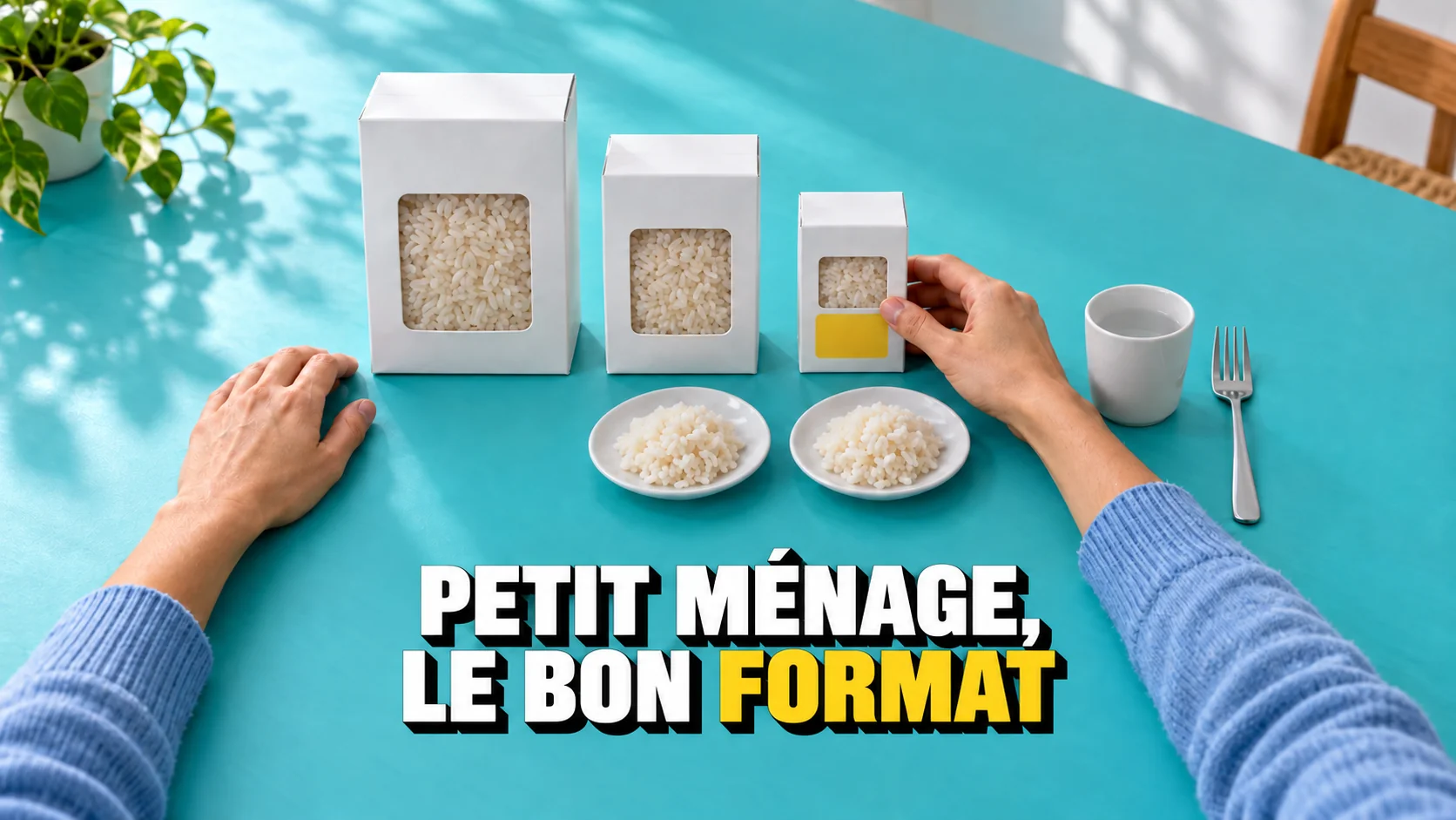 Des mains choisissent le plus petit de trois paquets de riz près de deux portions.