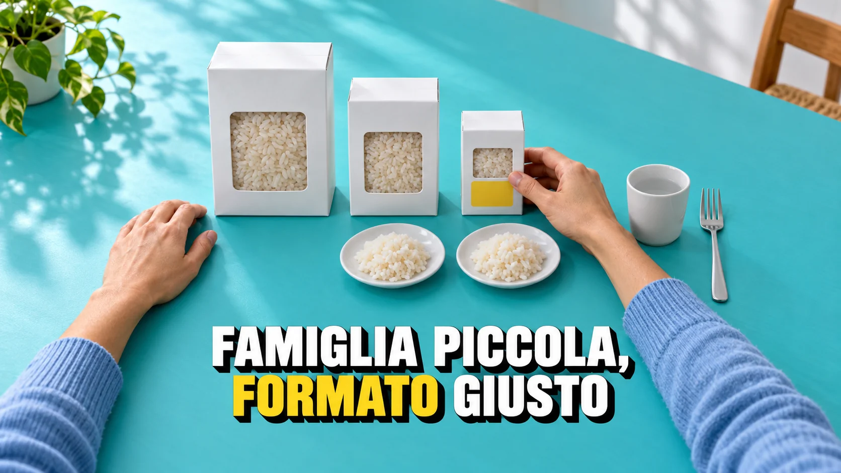 Mani scelgono la più piccola di tre confezioni di riso accanto a due porzioni.