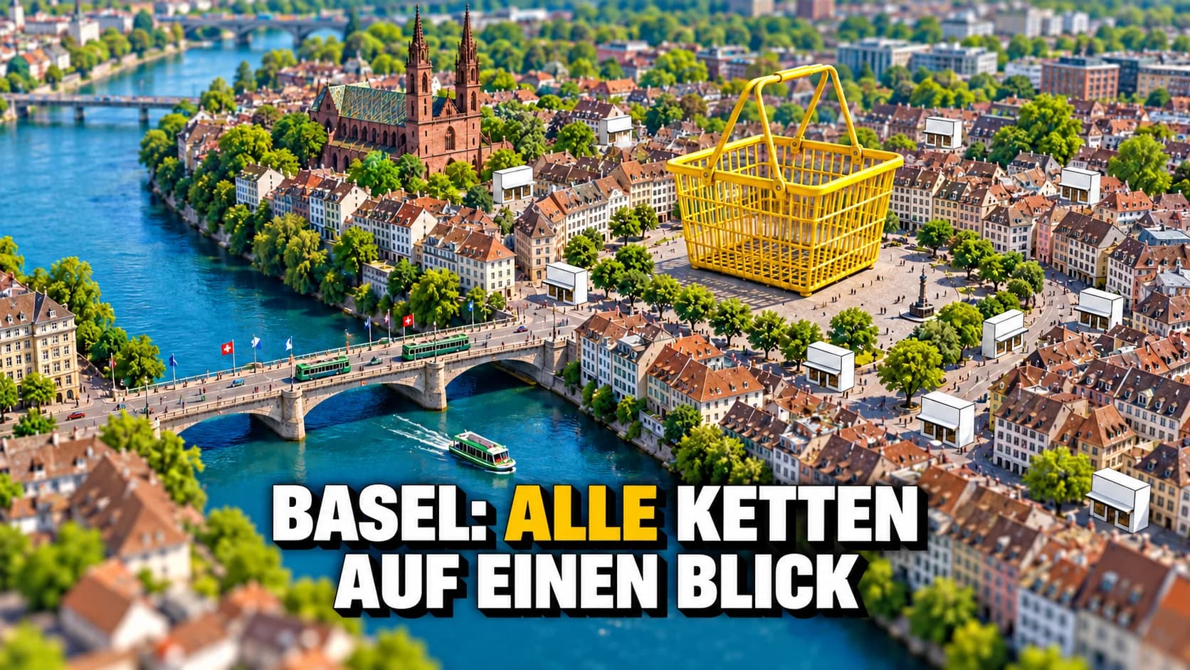 Miniaturhafte Luftaufnahme einer Stadt am Fluss mit einem riesigen gelben Einkaufskorb auf einem Platz.