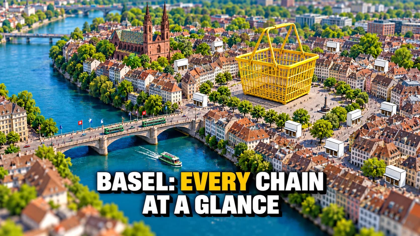 A tilt-shift aerial of a city on a river with a giant yellow shopping basket standing on a square.