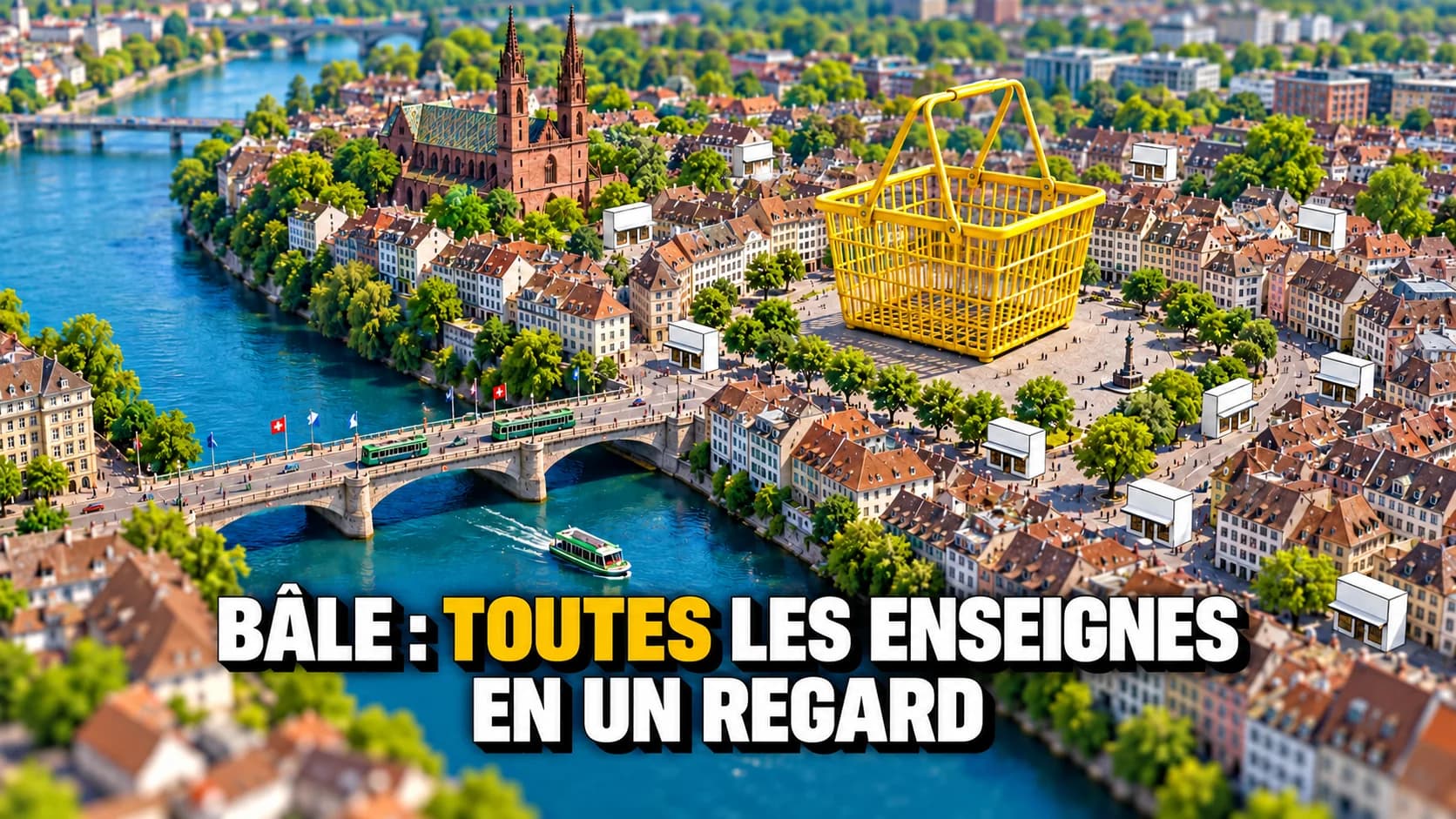 Vue aérienne en miniature d’une ville au bord du fleuve, un immense panier à provisions jaune sur une place.