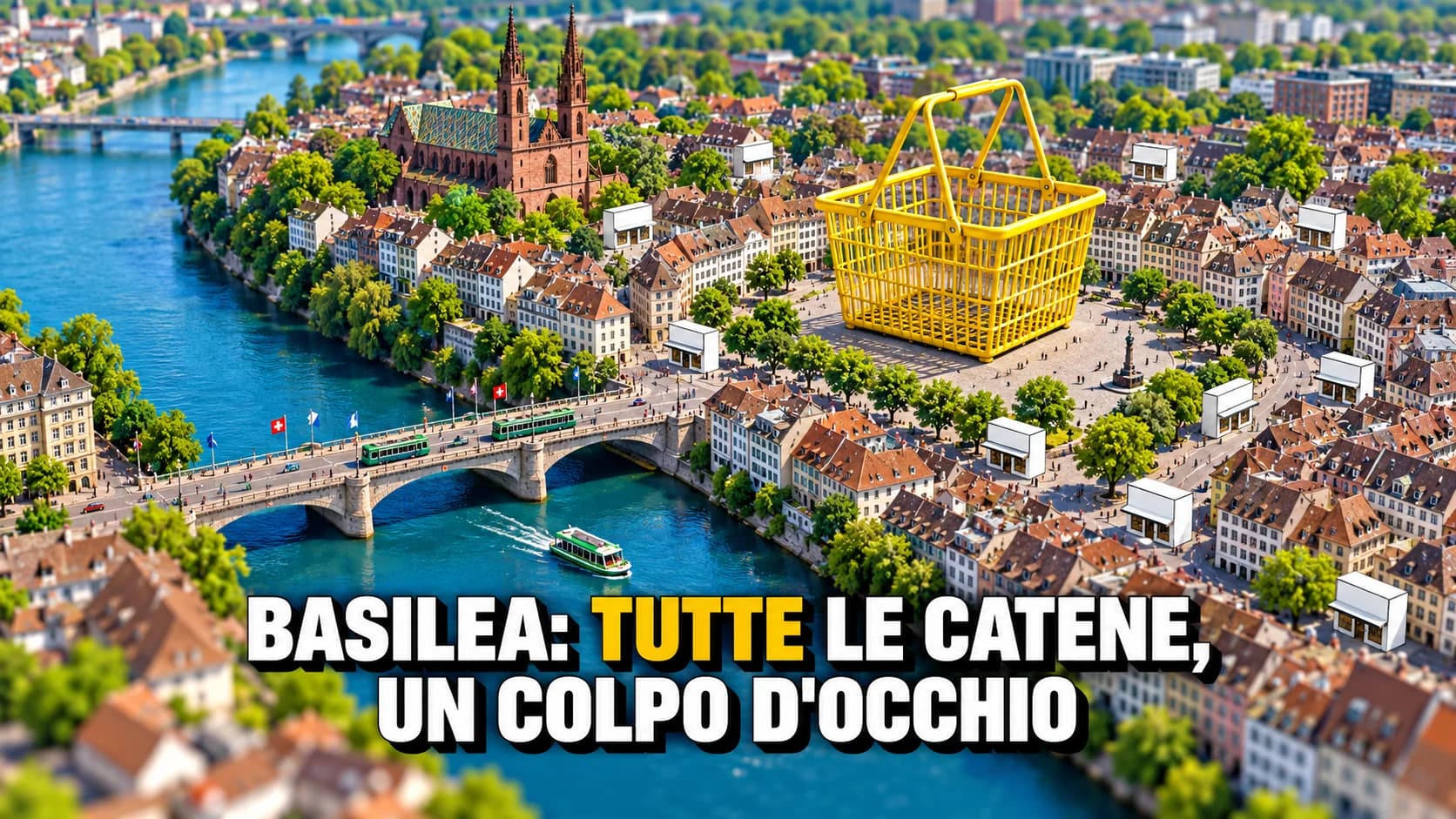 Veduta aerea in miniatura di una città sul fiume con un enorme cesto della spesa giallo su una piazza.