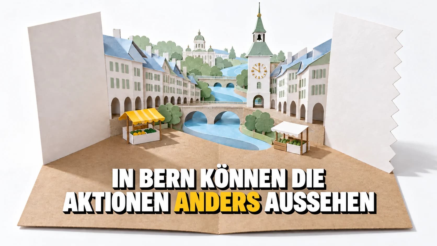 Papier-Pop-up: Lauben, Uhrturm und Flussschlaufe aus Papier, an den Seiten zwei leere Papierblätter.