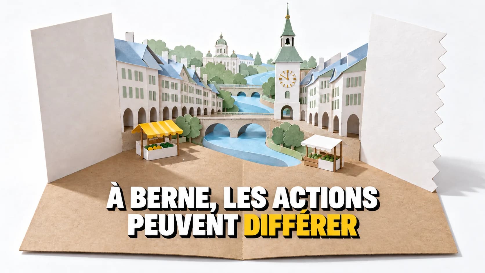 Scène pop-up en papier : arcades, tour de l’horloge et boucle de rivière, deux feuilles blanches sur les côtés.
