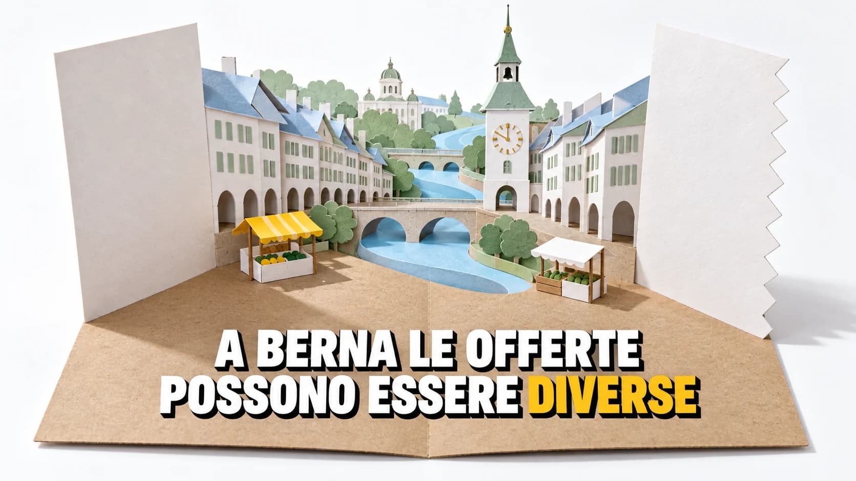 Scena pop-up di carta: portici, torre dell’orologio e ansa del fiume ritagliati, con due fogli bianchi ai lati.