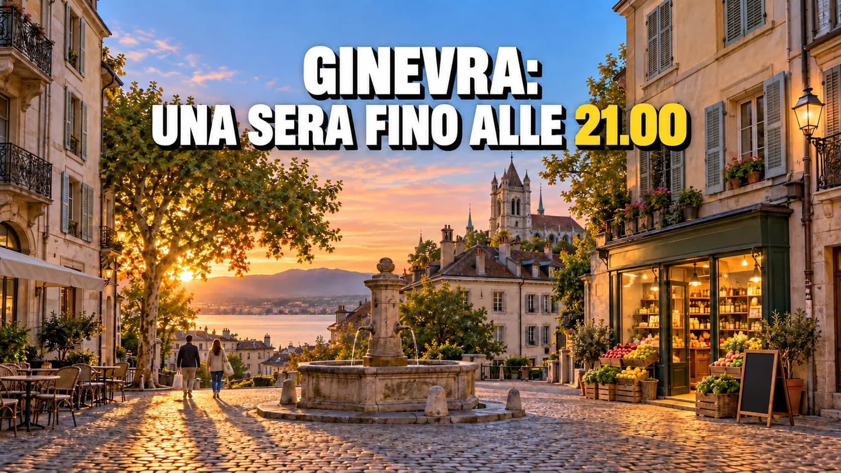 Piazza in pendenza di una città vecchia al tramonto, fontana, facciate con persiane e un negozio di alimentari ancora aperto.