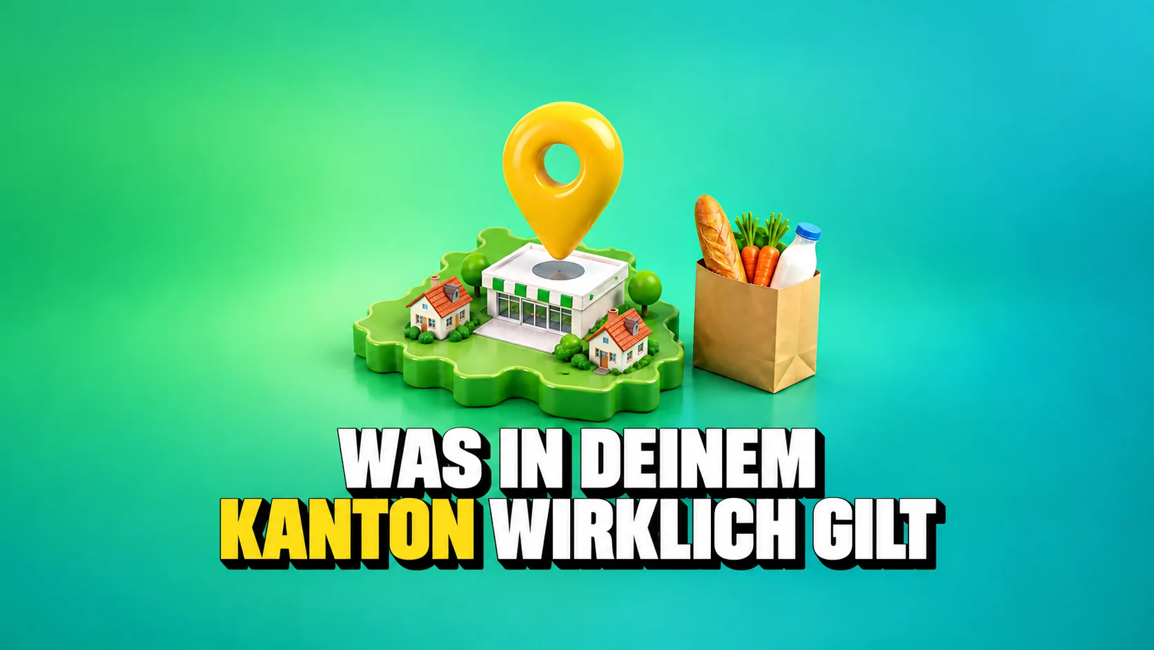 Gelber Standortpin über einer grünen Karte mit Laden, Häusern und Einkaufstasche.