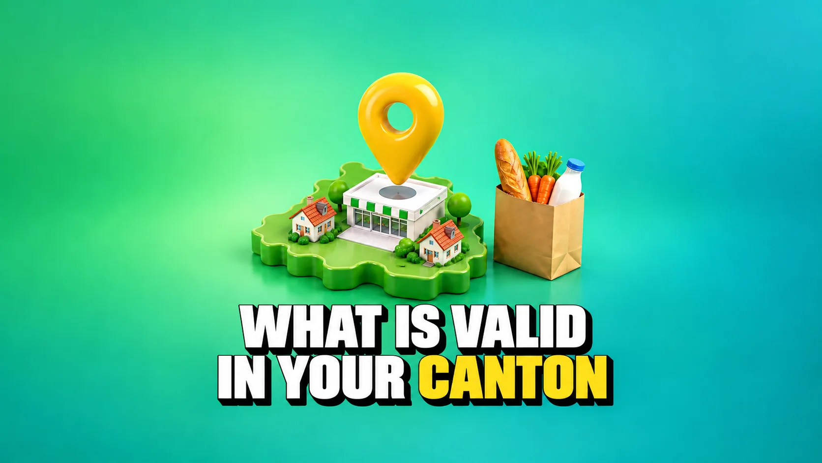 Yellow location pin above a green map with a shop, houses and grocery bag.