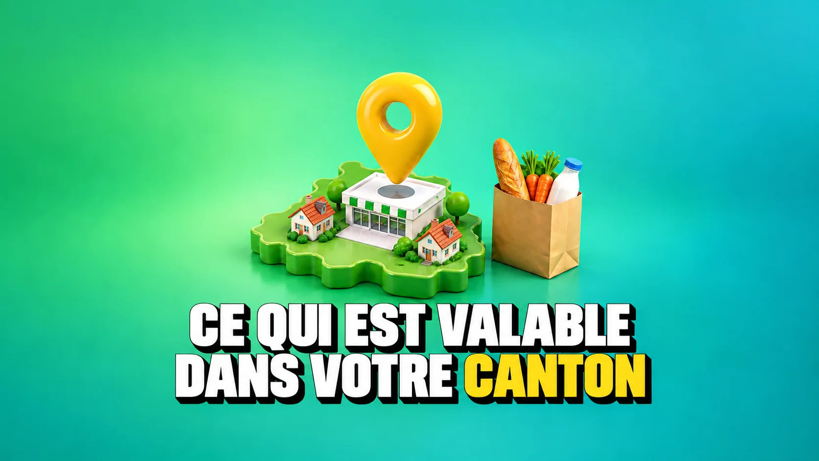 Repère jaune sur une carte verte avec magasin, maisons et sac de provisions.