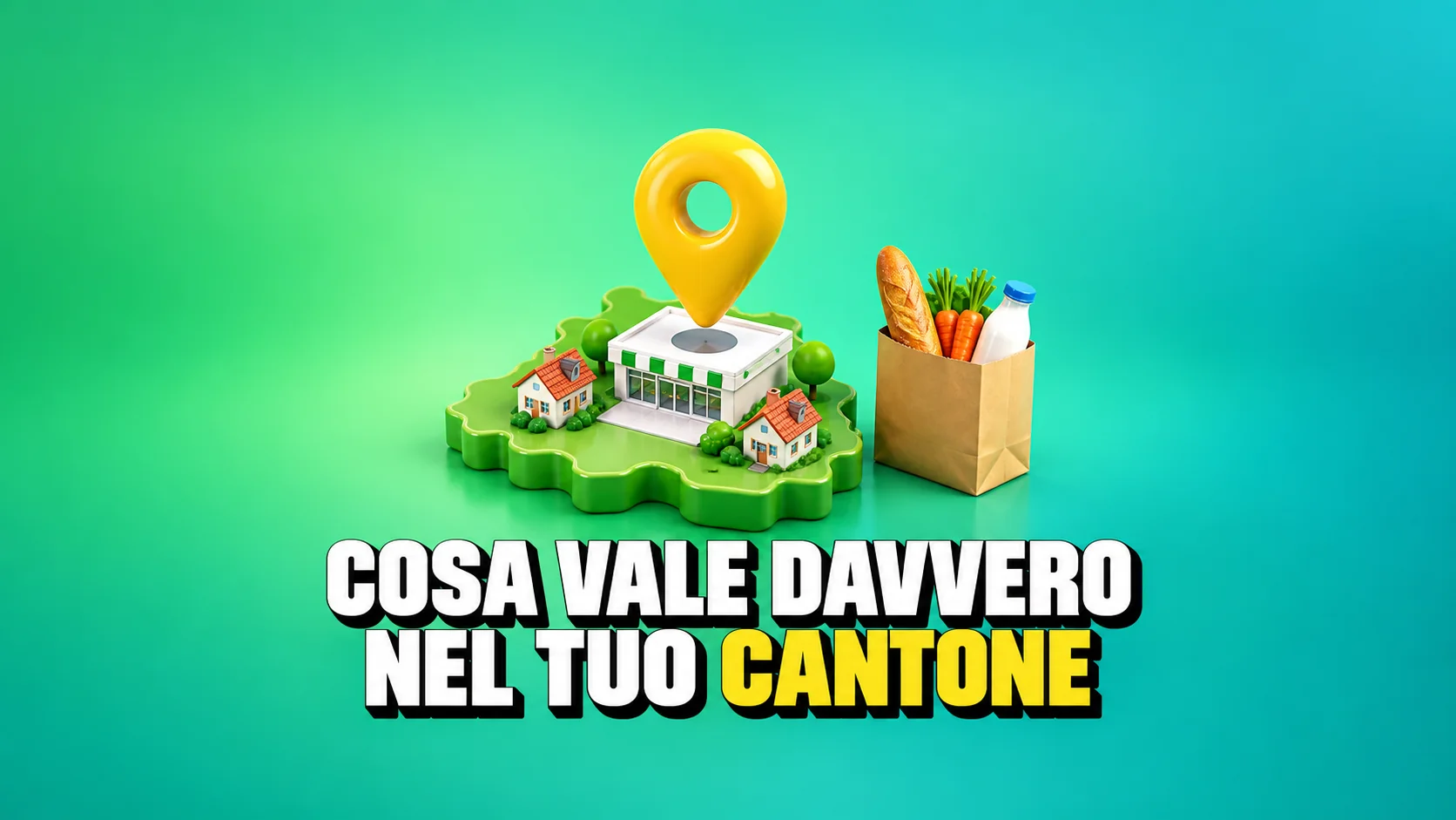 Segnaposto giallo sopra una mappa verde con negozio, case e borsa della spesa.