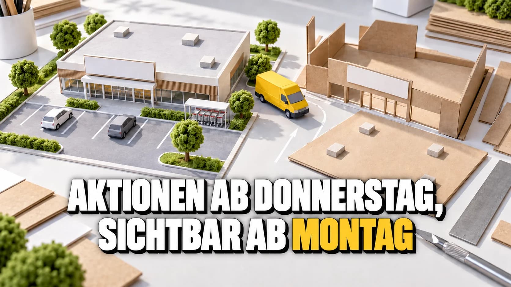 Zwei Supermarktmodelle aus Karton, eines noch im Aufbau, mit gelbem Lieferwagen dazwischen.