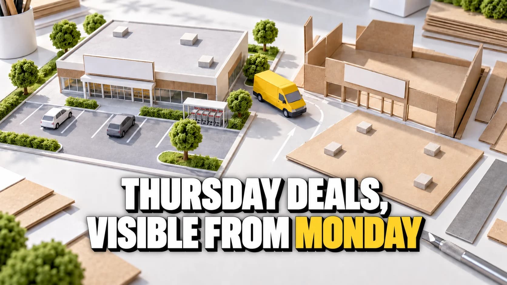 Two cardboard supermarket models, one unfinished, with a yellow delivery van between them.