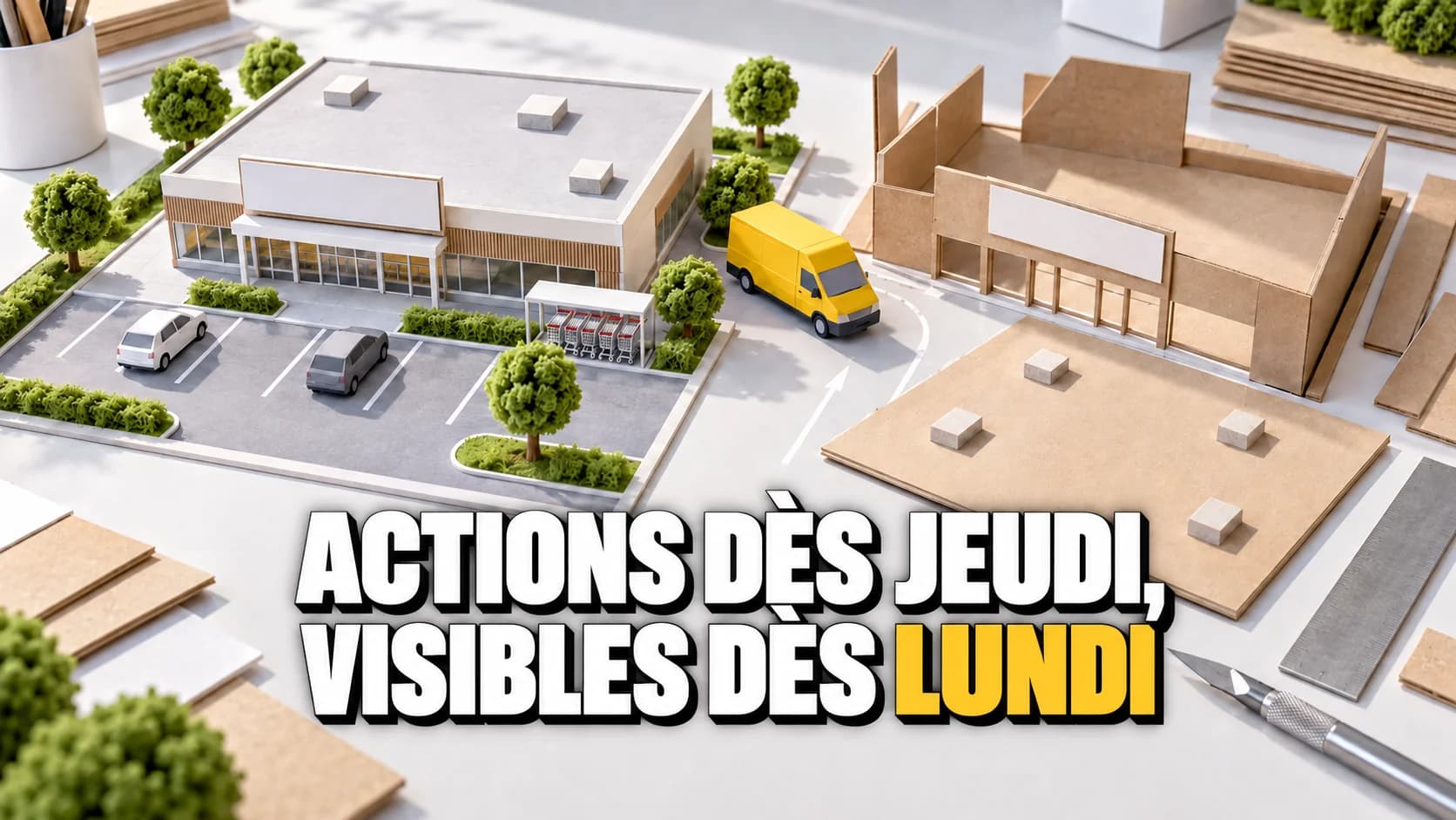 Deux maquettes de supermarché en carton, dont une inachevée, avec une camionnette jaune entre les deux.