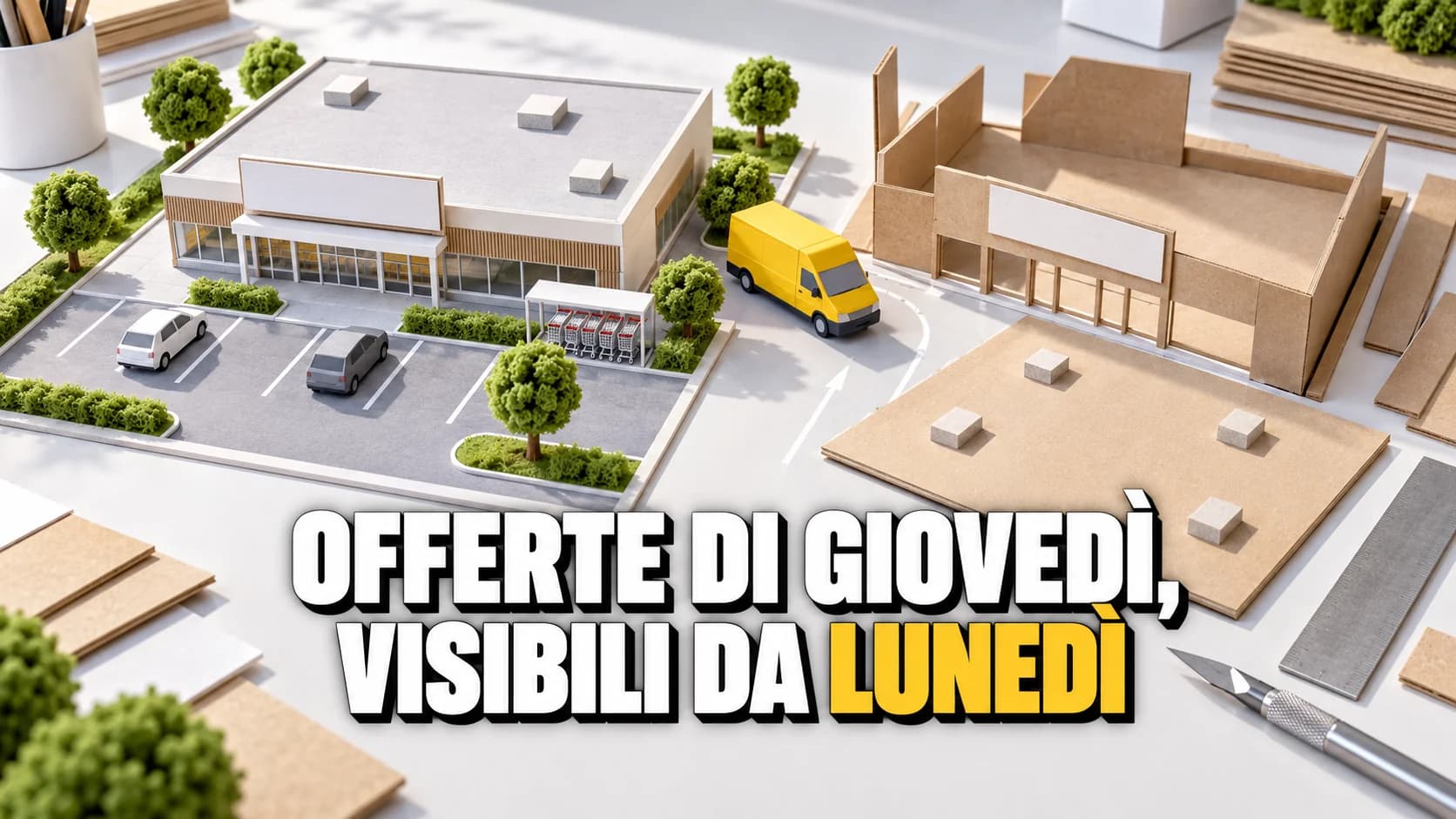 Modellino di cartone di un supermercato generico accanto a un secondo modellino ancora da montare, con un furgoncino giallo.