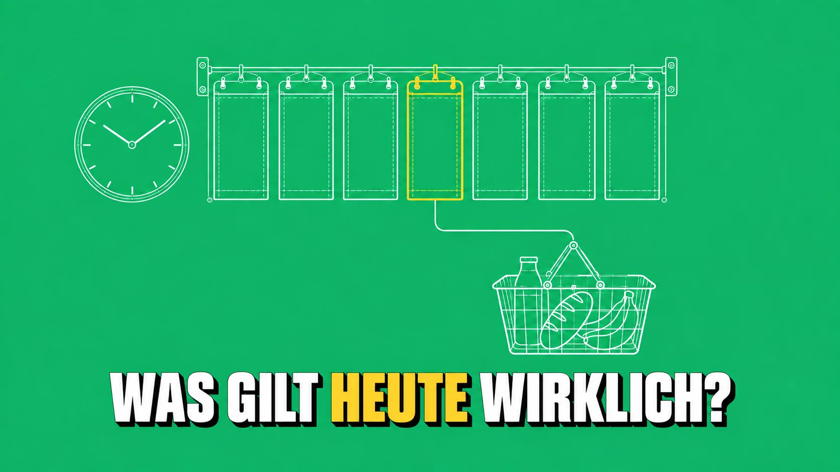 Grüner Plan mit sieben leeren Tafeln, einer davon gelb, Korb und Uhr.