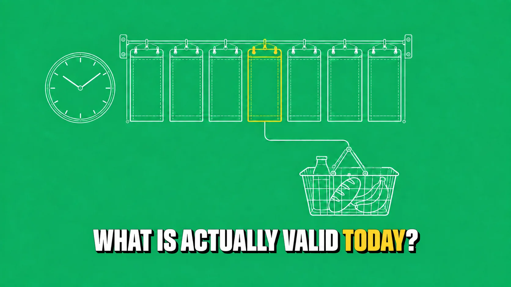 Green blueprint with seven blank panels, one yellow, a basket and a clock.