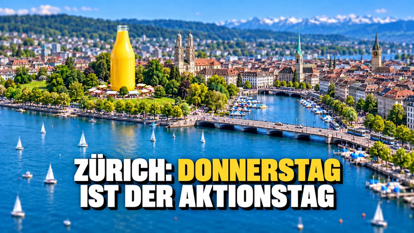 Miniaturhafte Luftaufnahme eines Seebeckens mit einer riesigen gelben Milchflasche in einem Park am Ufer.