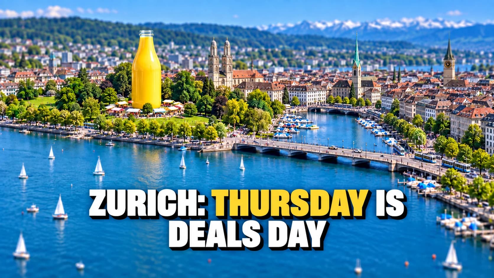 A tilt-shift aerial of a lake basin with a giant yellow milk bottle standing in a lakeside park.