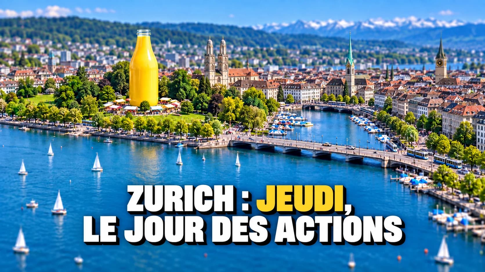 Vue aérienne en miniature du bassin d’un lac, une bouteille de lait jaune géante posée dans un parc au bord de l’eau.