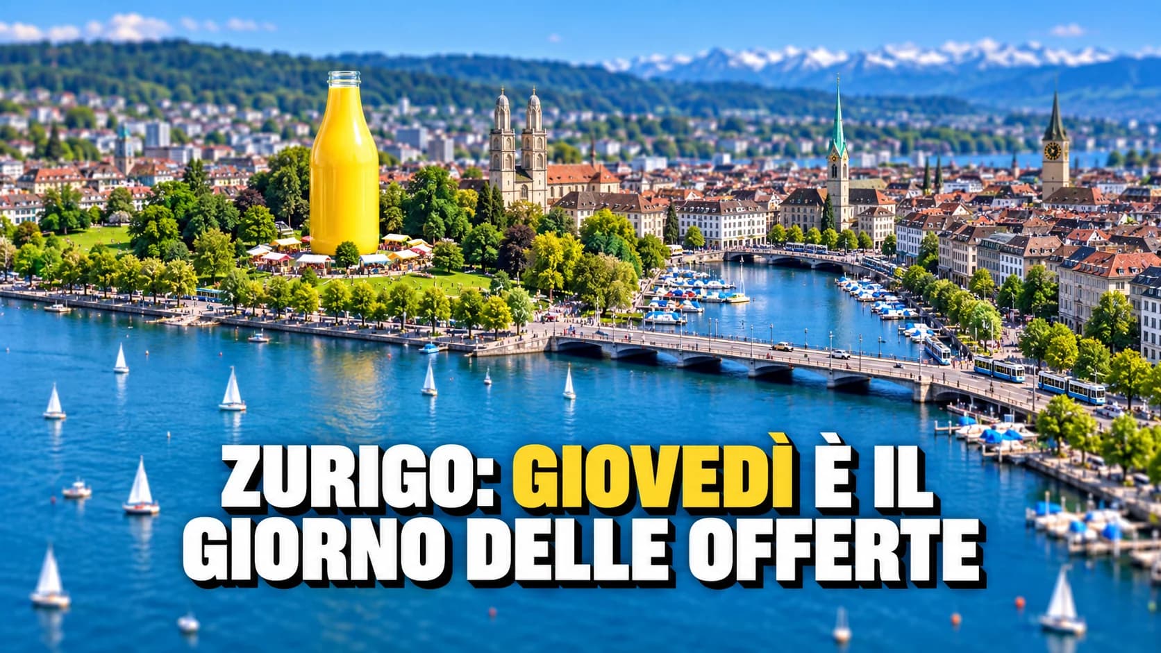 Veduta aerea in miniatura del bacino di un lago con una gigantesca bottiglia del latte gialla in un parco sulla riva.