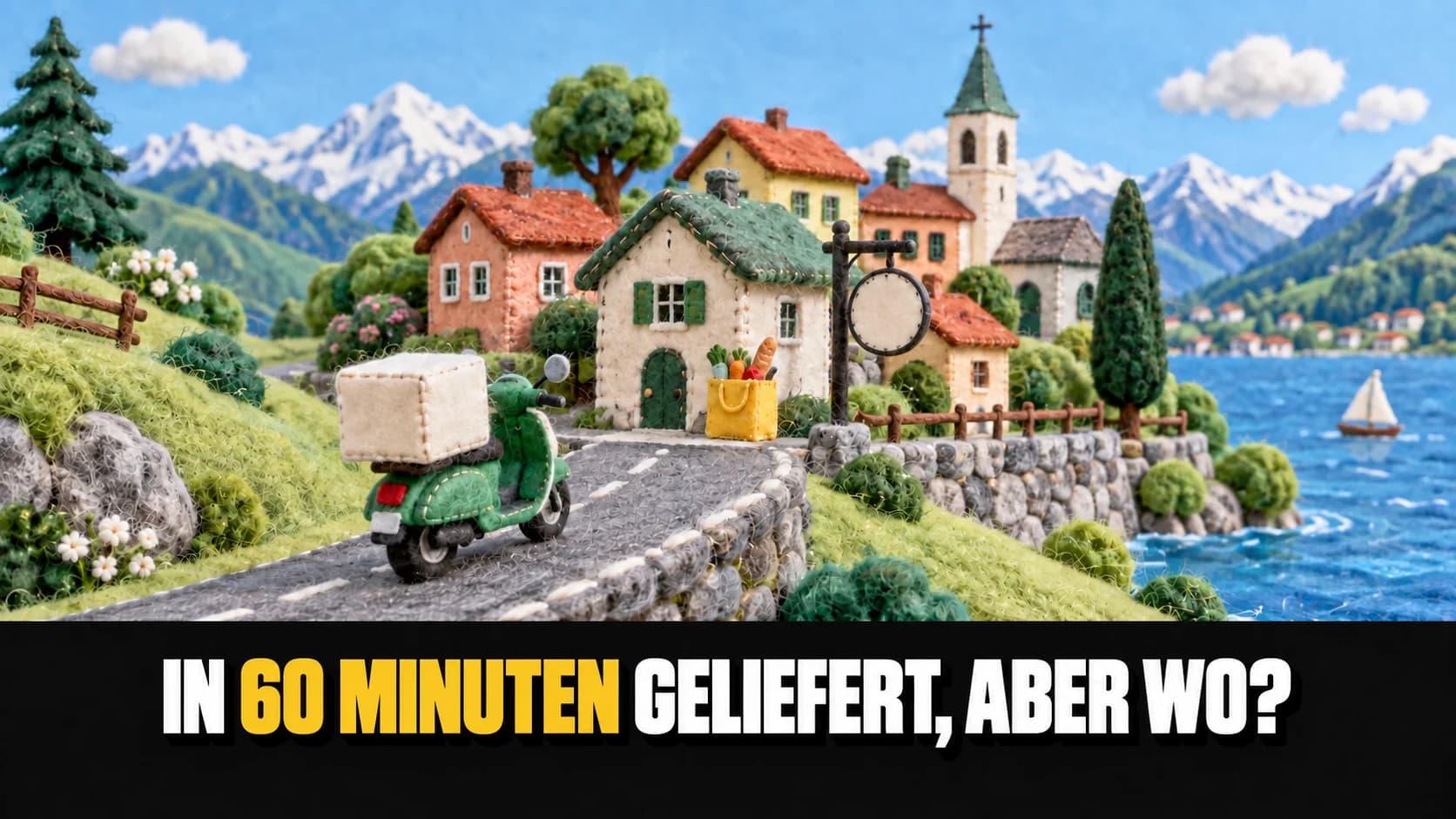 Handgenähtes Filzdorf am See mit Filzroller und unbeschrifteter Lieferbox.