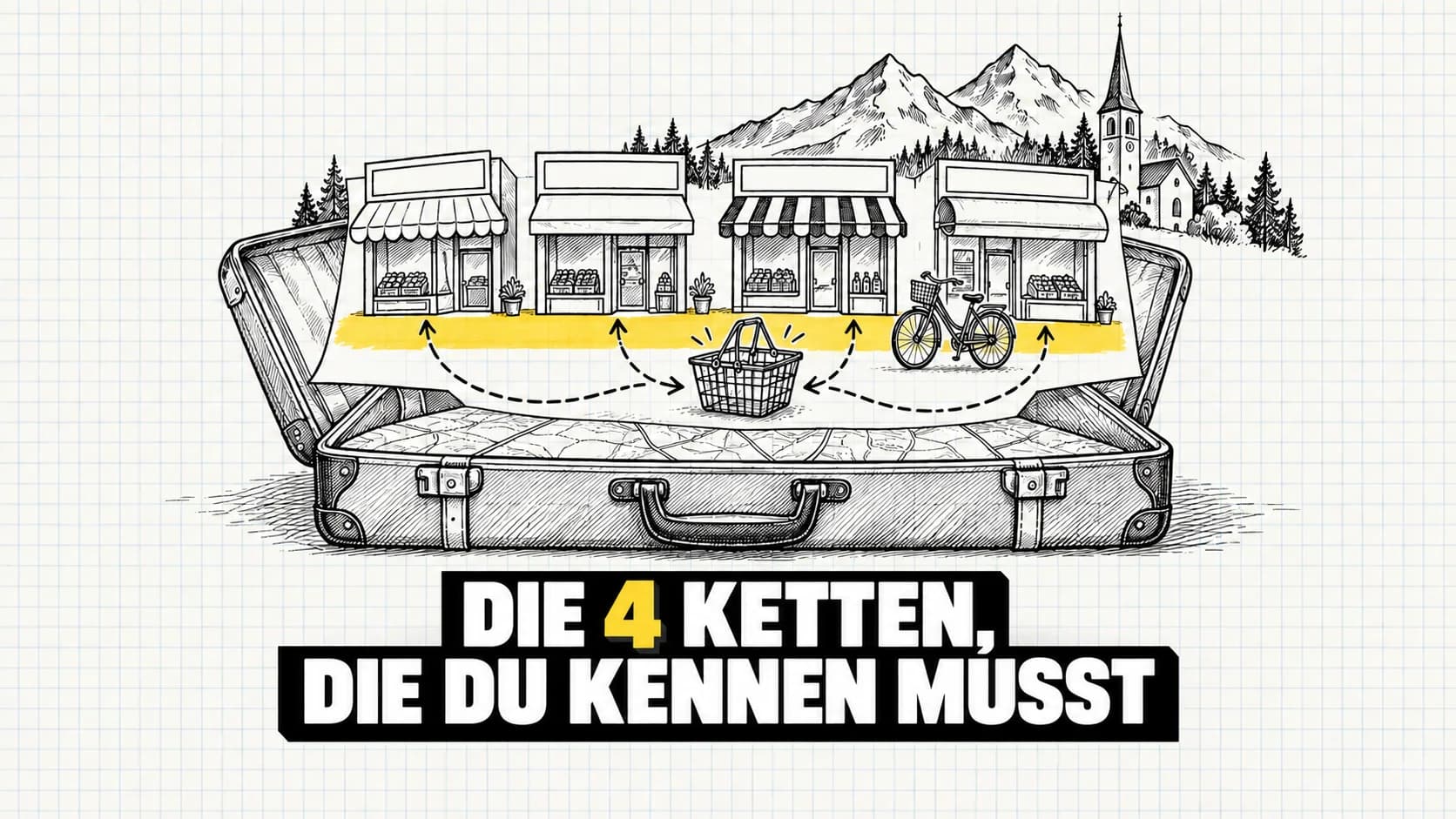Tuschezeichnung eines offenen Koffers mit vier Läden, Bergen, Kirchturm, Korb und Fahrrad.
