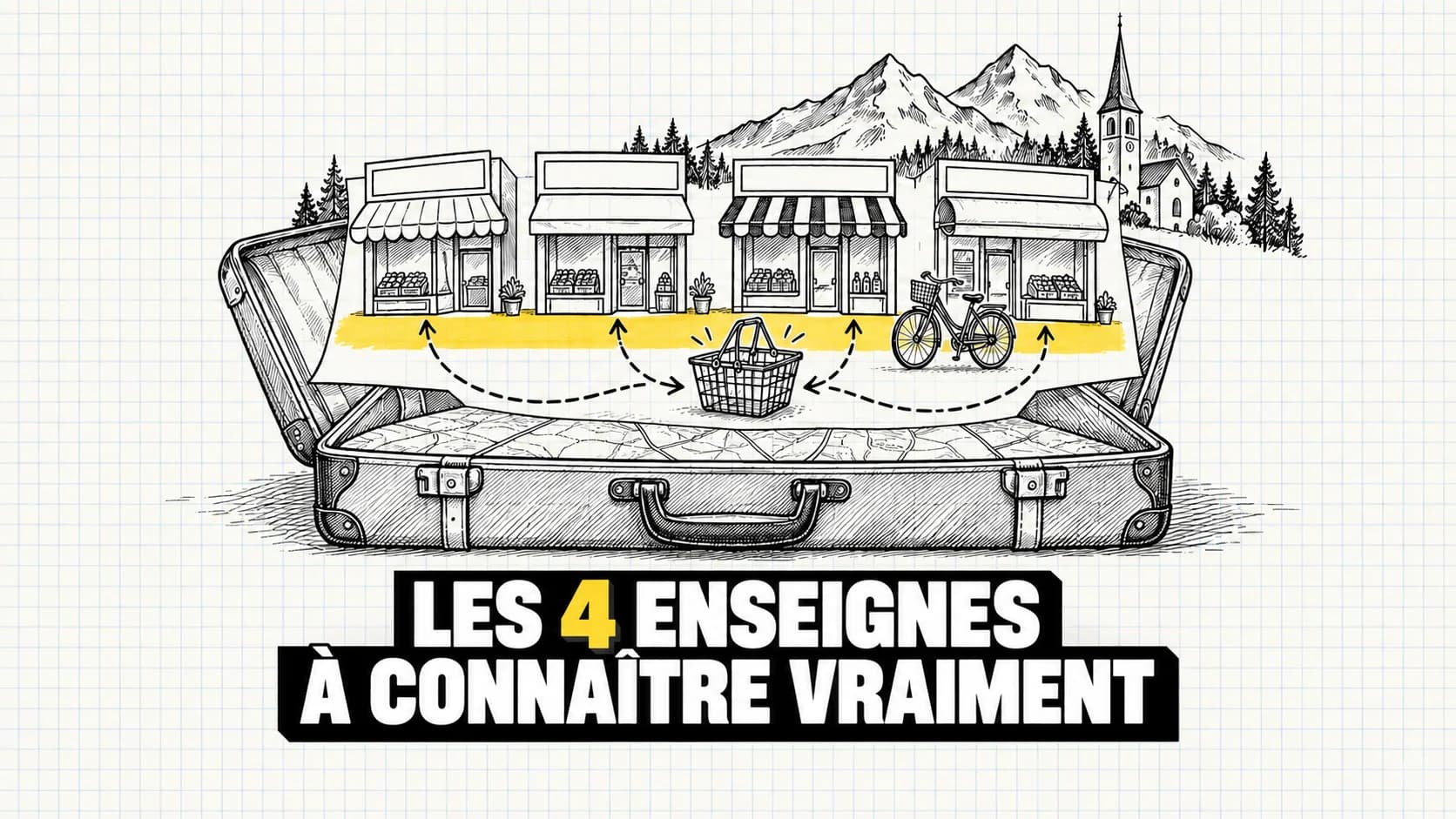 Valise ouverte dessinée à l’encre avec quatre boutiques, montagnes, clocher, panier et vélo.